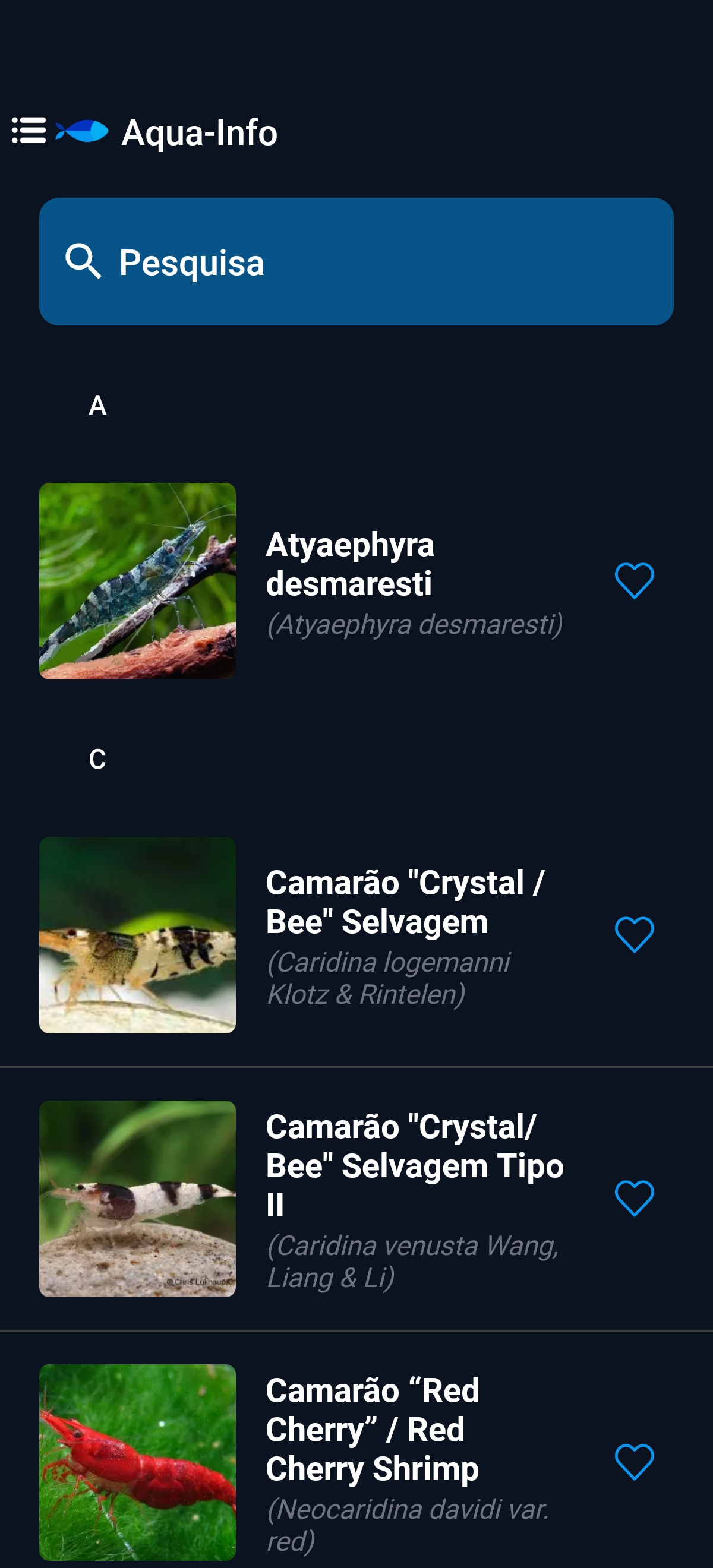 Listagem de aquários